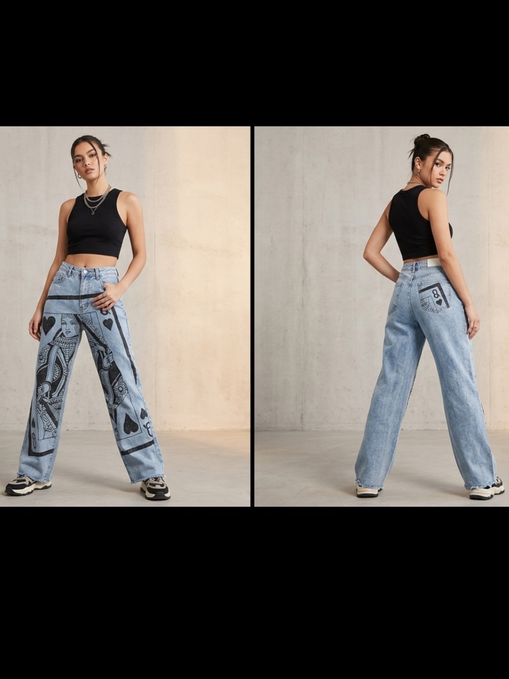 AKIRA Light Blue Straight-Leg Jeans with Card Game Graphic.